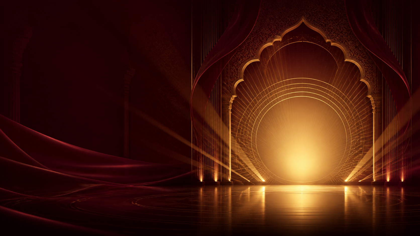 A burgundy and gold ceremonial stage inspired by Karnataka